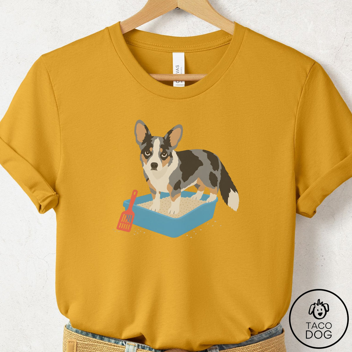 Cardigan Welsh Corgi Litter Box T-Shirt Mustard Taco-Dog