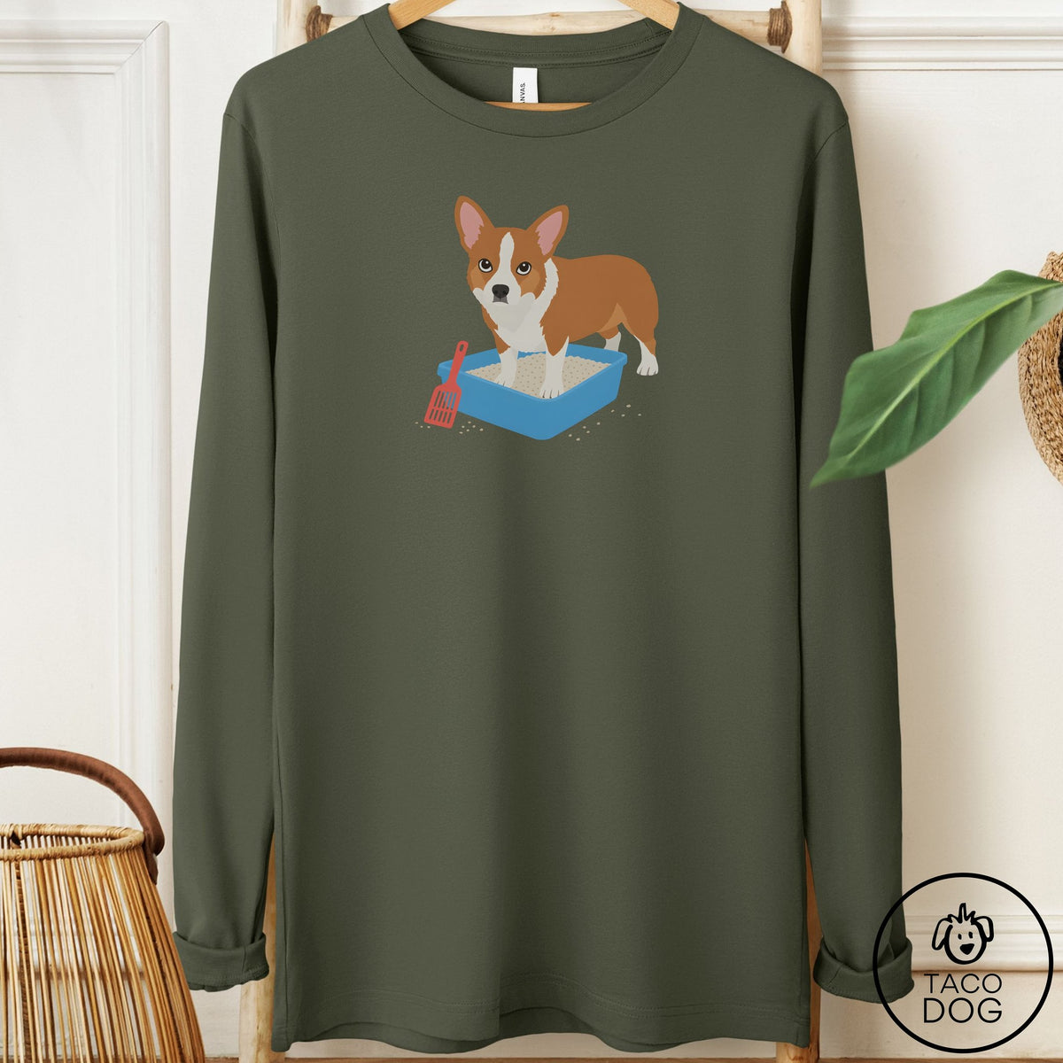 Corgi Litter Box Long Sleeve Tee Military Green Taco-Dog
