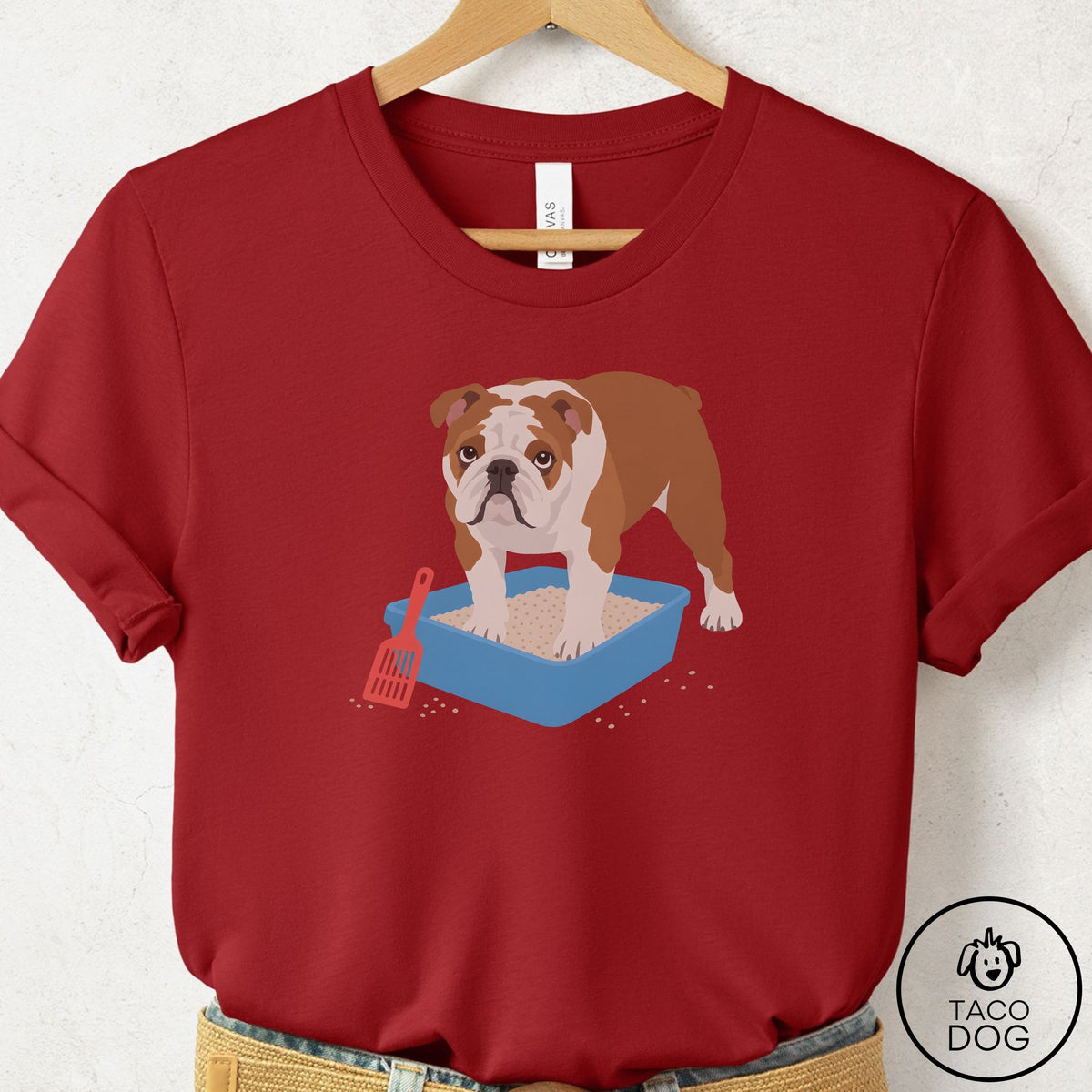 English Bulldog Litter Box T-Shirt Canvas Red Taco-Dog