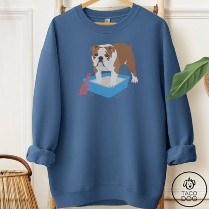 English Bulldog Litter Box Sweatshirt Indigo Blue Taco-Dog