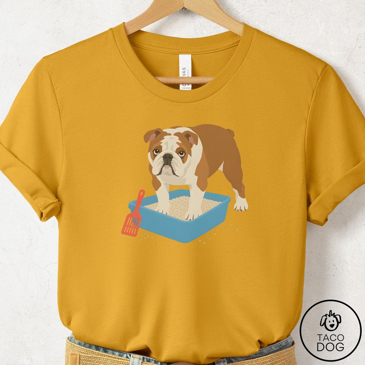 English Bulldog Litter Box T-Shirt Mustard Taco-Dog