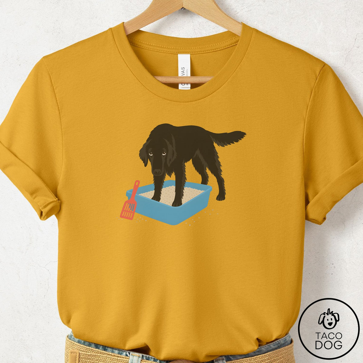 Flat-Coated Retriever Litter Box T-Shirt Mustard Taco-Dog