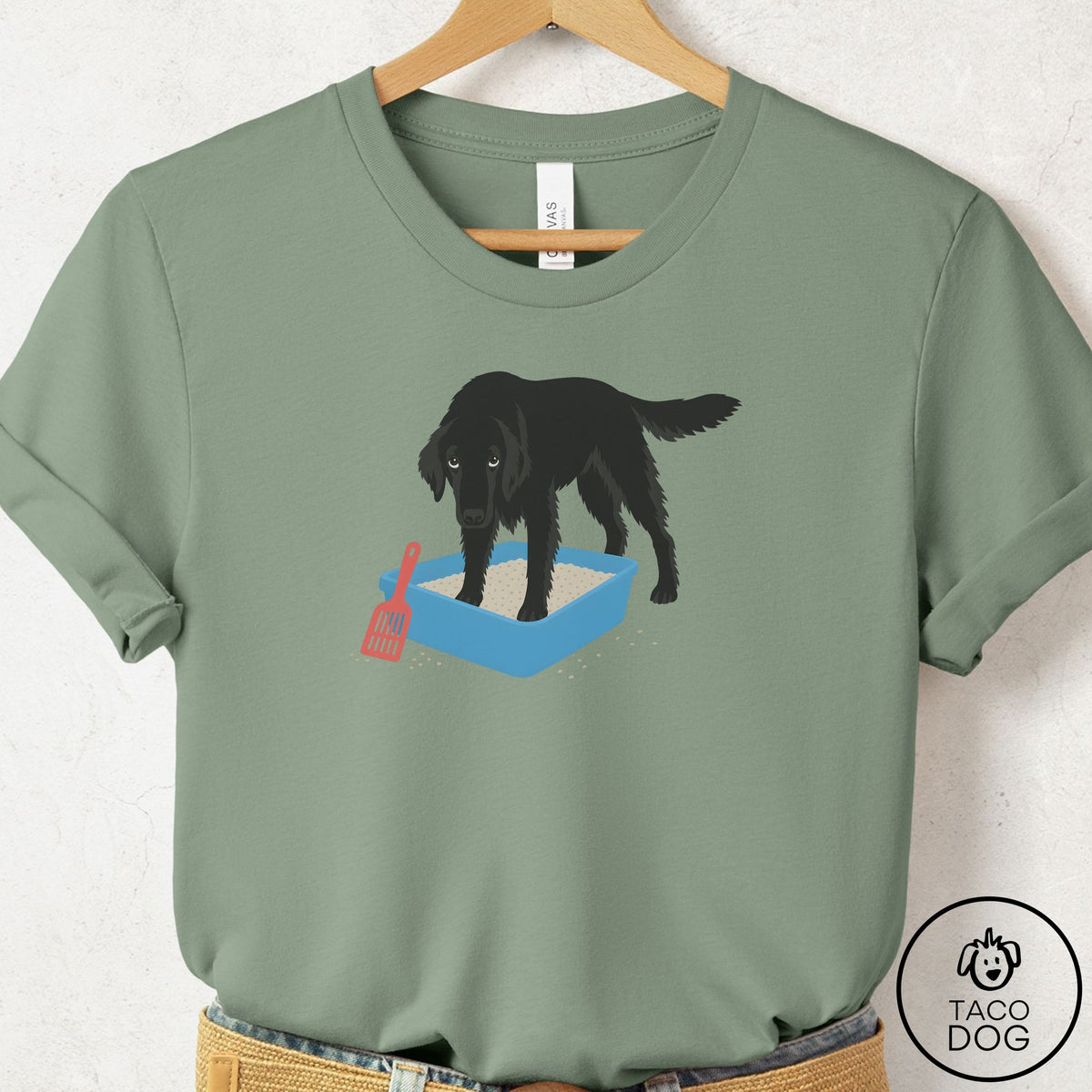 Flat-Coated Retriever Litter Box T-Shirt Sage Taco-Dog