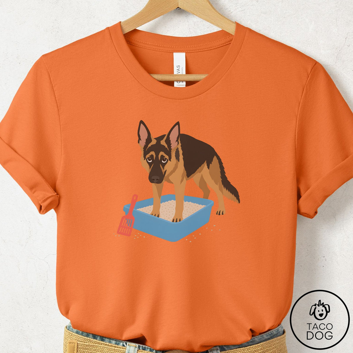 German Shepherd Litter Box T-Shirt Burnt Orange Taco-Dog