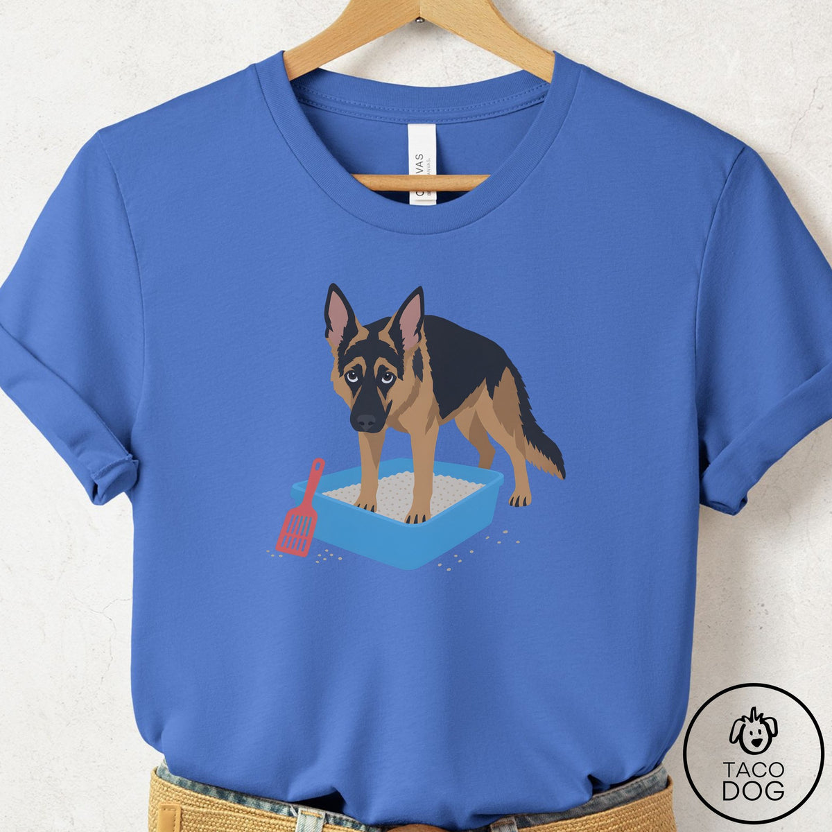 German Shepherd Litter Box T-Shirt Columbia Blue Taco-Dog