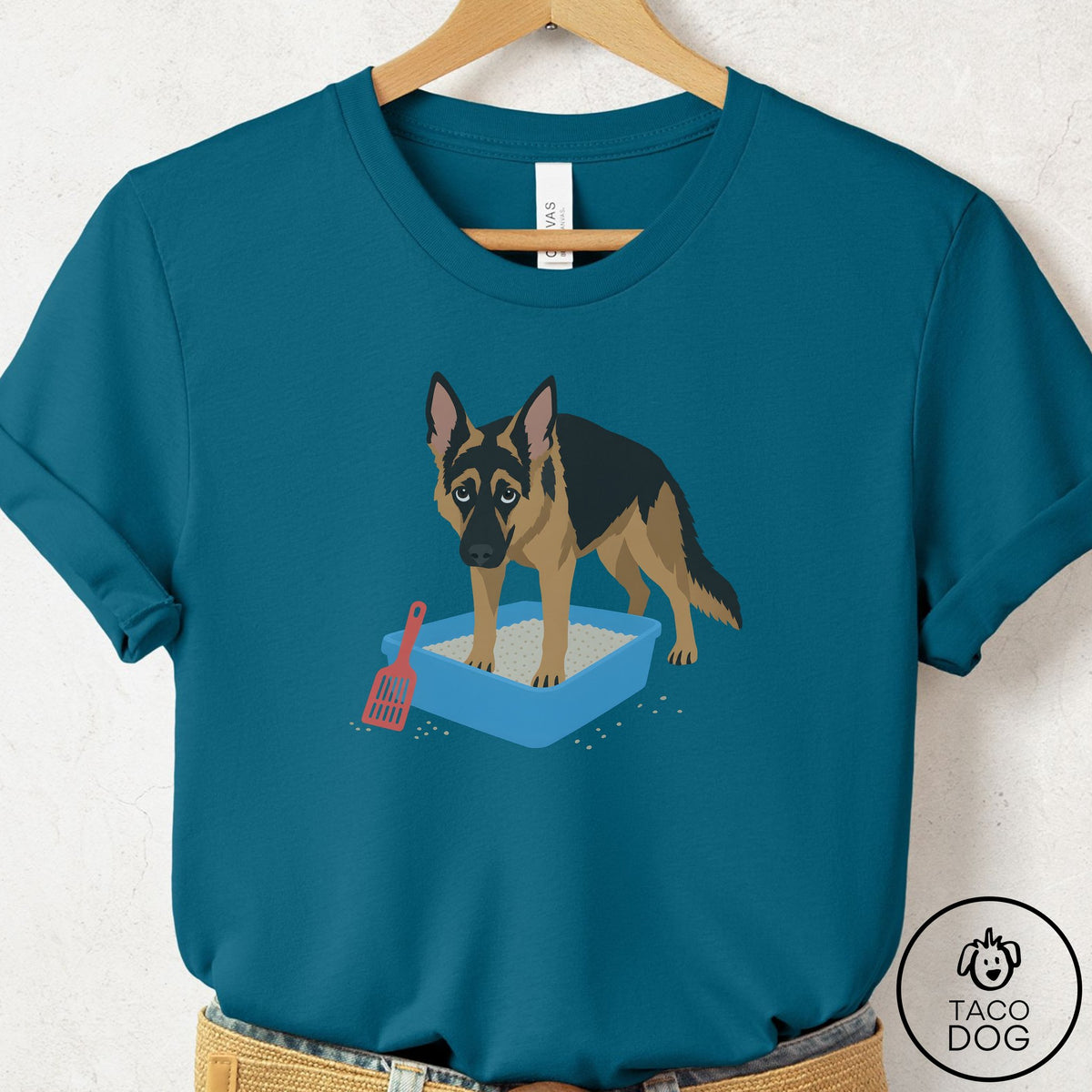 German Shepherd Litter Box T-Shirt Deep Teal Taco-Dog