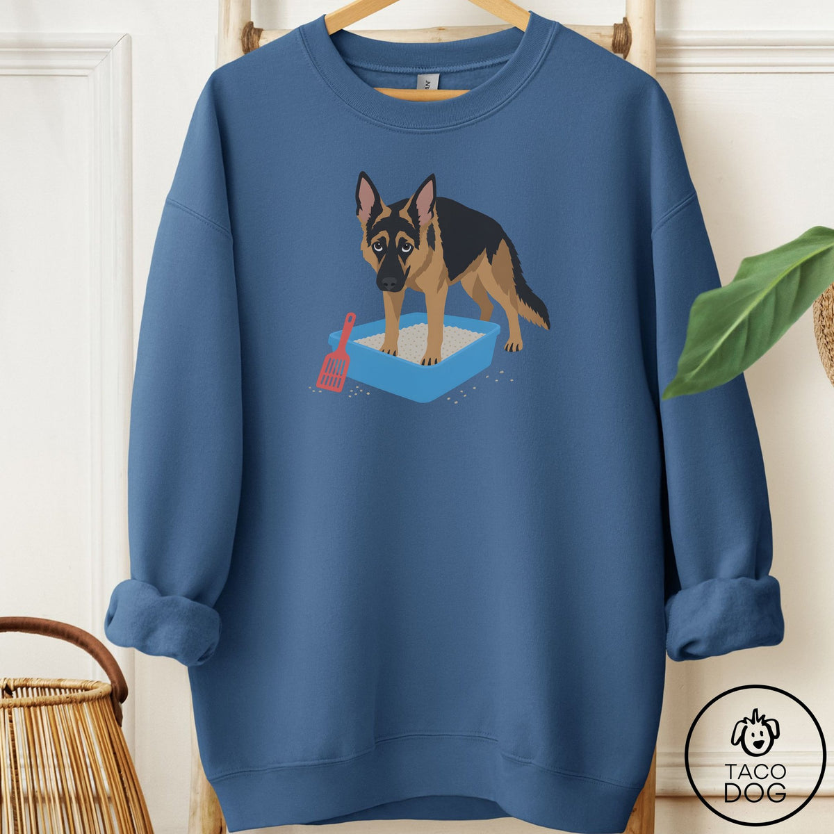 German Shepherd Litter Box Sweatshirt Indigo Blue Taco-Dog