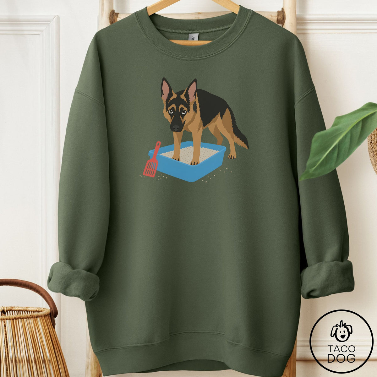German Shepherd Litter Box Sweatshirt Military Green Taco-Dog