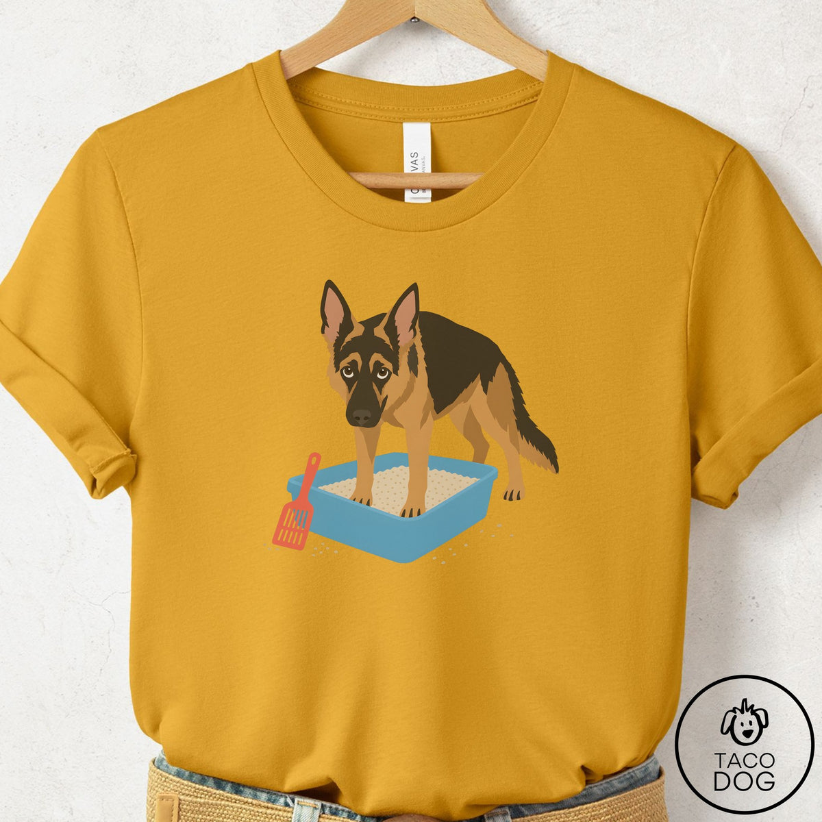 German Shepherd Litter Box T-Shirt Mustard Taco-Dog