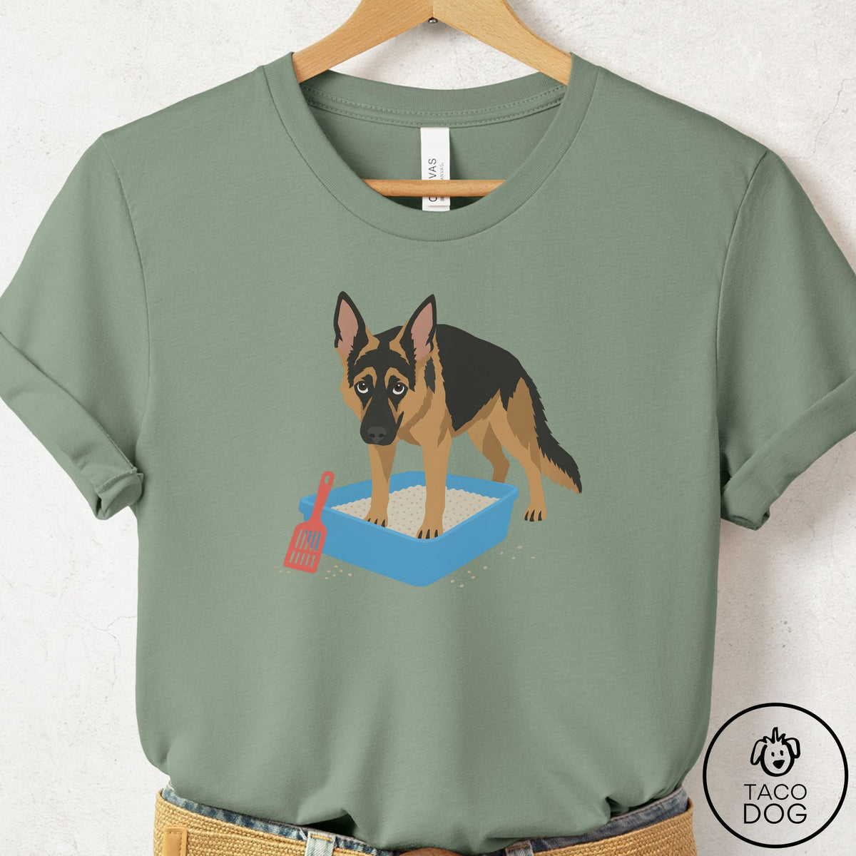 German Shepherd Litter Box T-Shirt Sage Taco-Dog