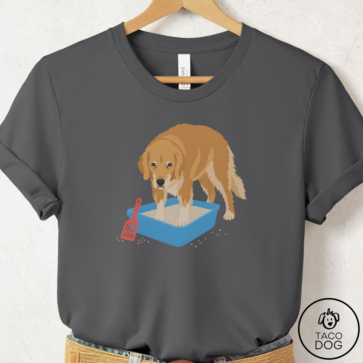 Golden Retriever Litter Box T-Shirt Asphalt Taco-Dog