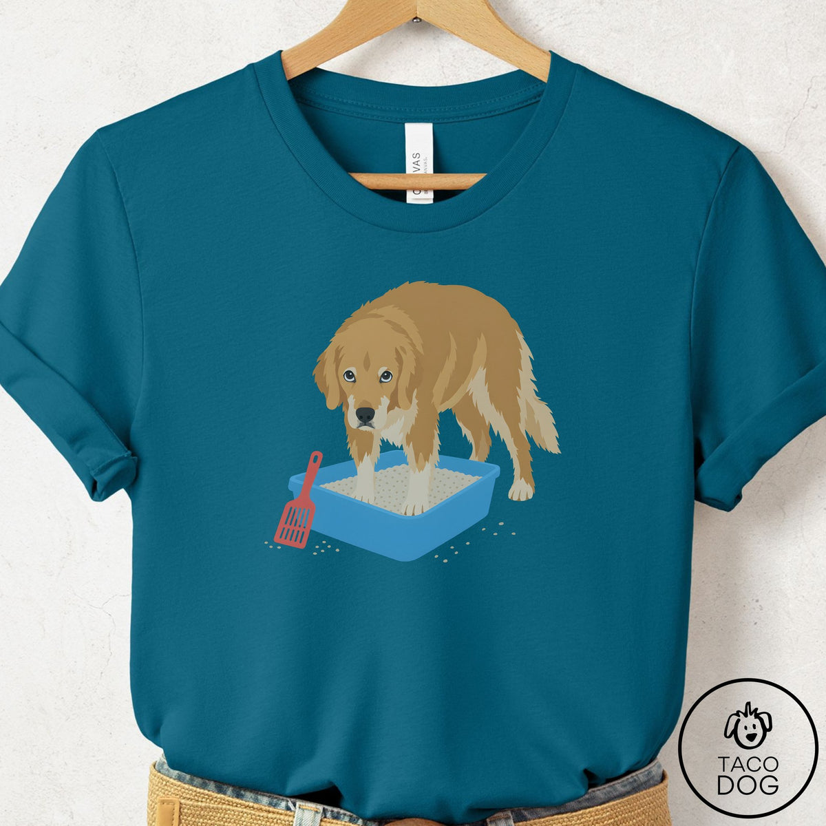 Golden Retriever Litter Box T-Shirt Deep Teal Taco-Dog