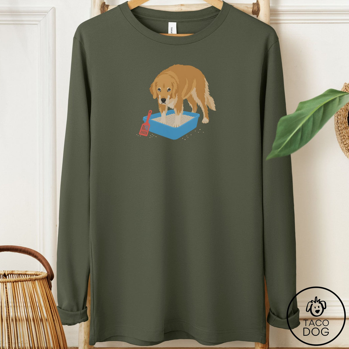 Golden Retriever Litter Box Long Sleeve Tee Military Green Taco-Dog