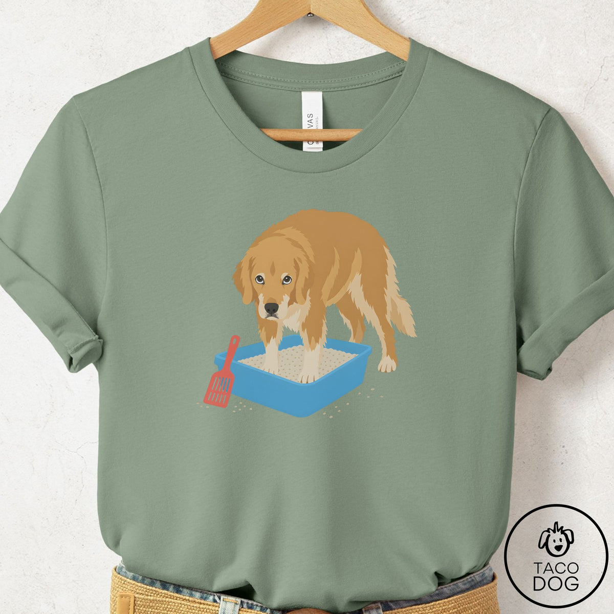 Golden Retriever Litter Box T-Shirt Sage Taco-Dog