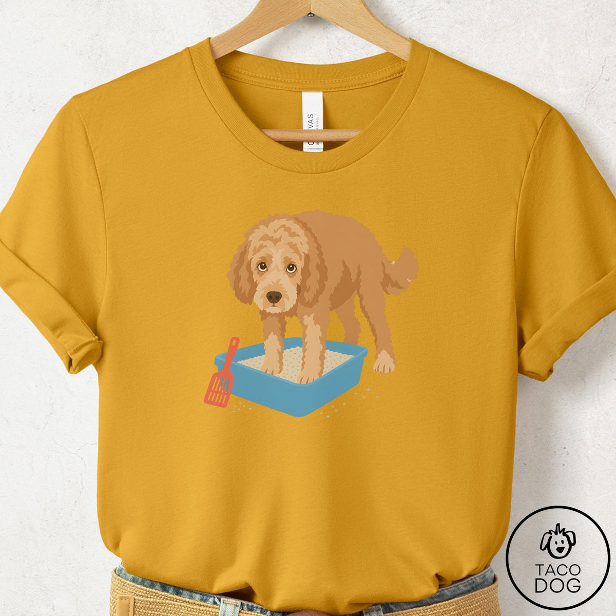 Doodle Litter Box T-Shirt Mustard Taco-Dog