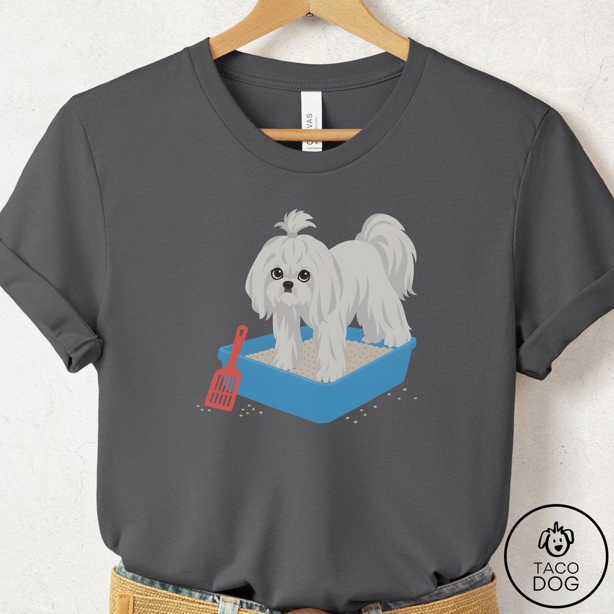 Maltese Litter Box T-Shirt Asphalt Taco-Dog
