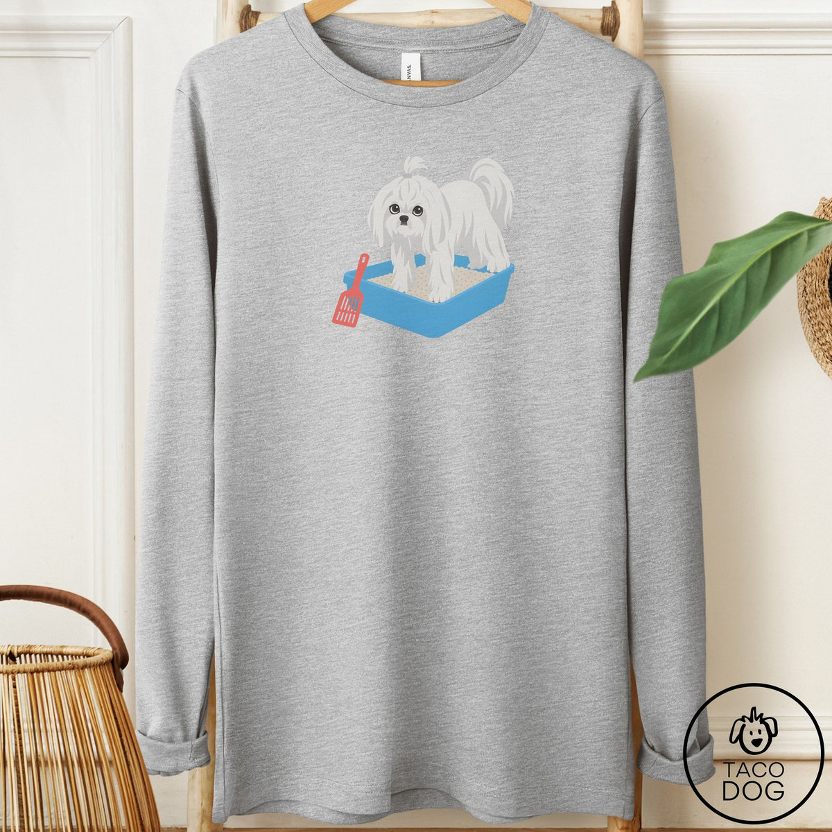 Maltese Litter Box Long Sleeve Tee Athletic Heather Taco-Dog