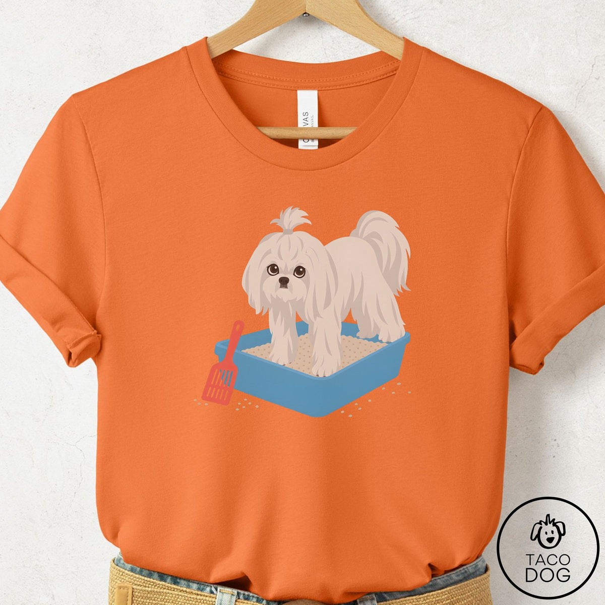 Maltese Litter Box T-Shirt Burnt Orange Taco-Dog