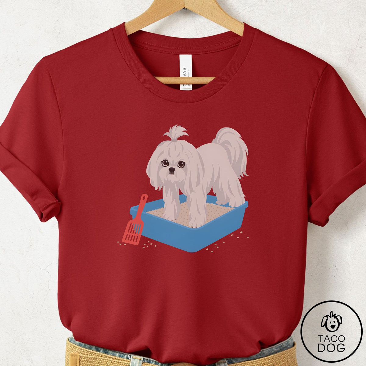 Maltese Litter Box T-Shirt Canvas Red Taco-Dog