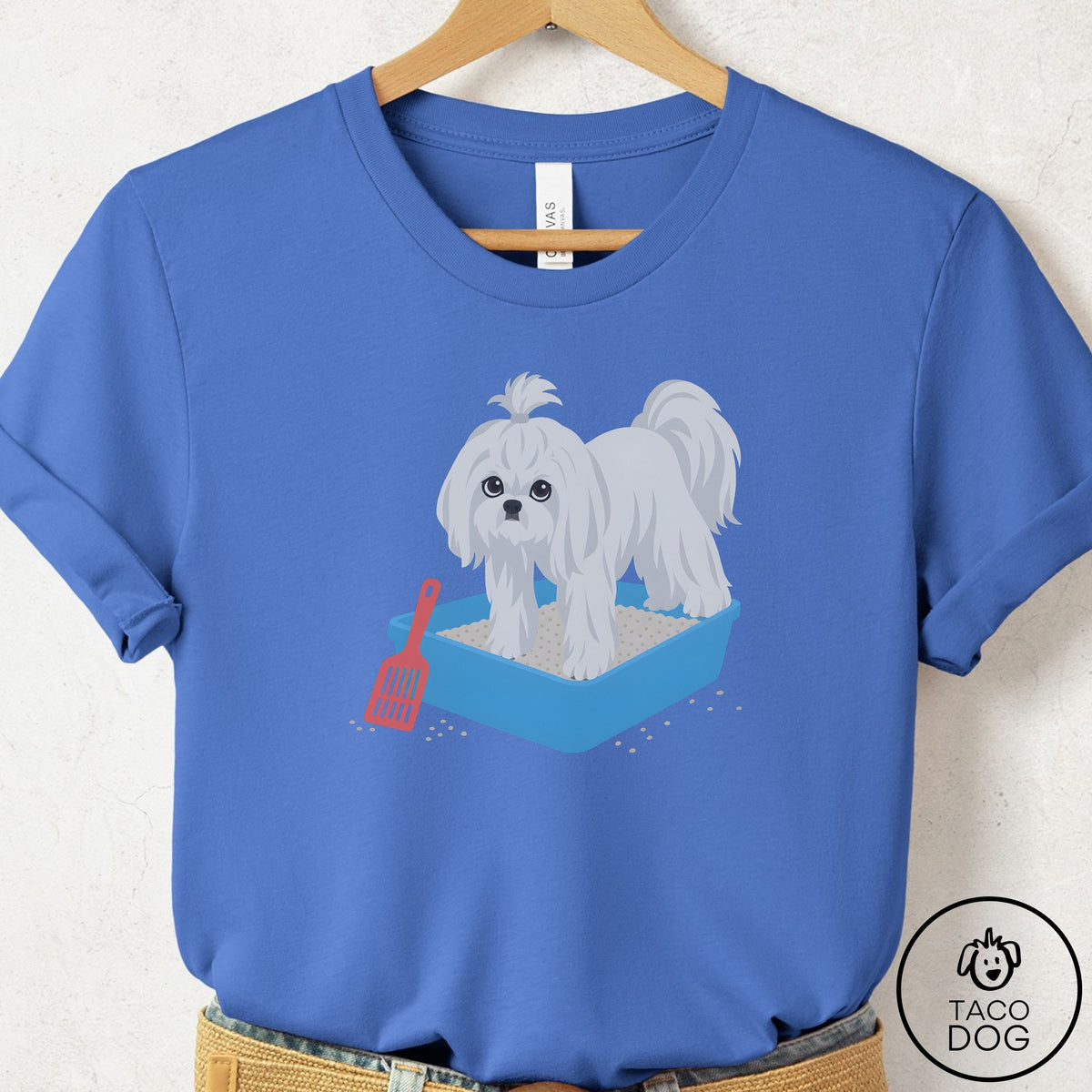 Maltese Litter Box T-Shirt Columbia Blue Taco-Dog