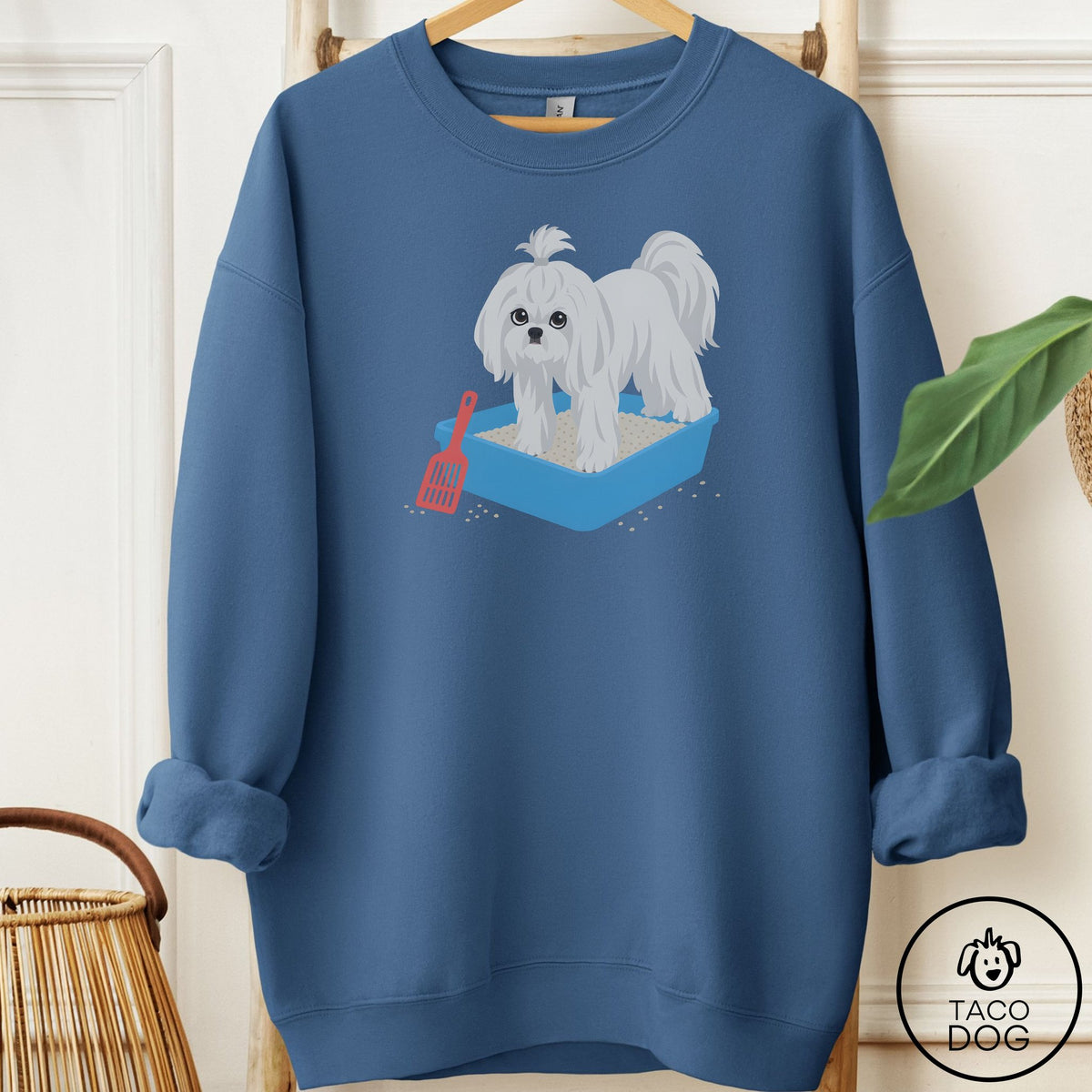 Maltese Litter Box Sweatshirt Indigo Blue Taco-Dog