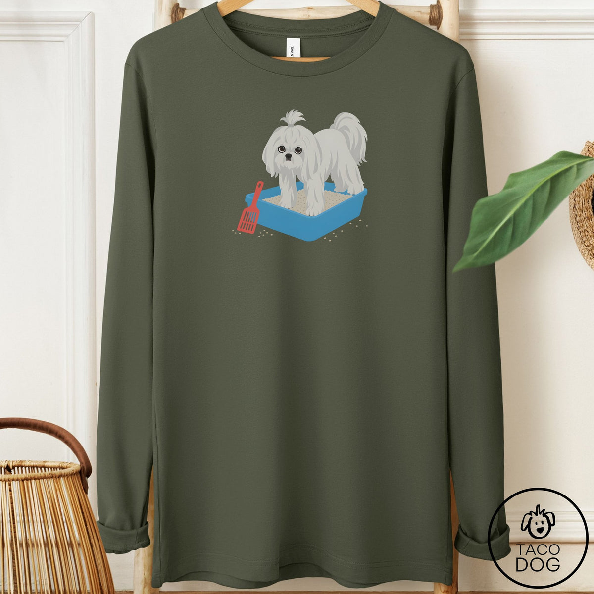Maltese Litter Box Long Sleeve Tee Military Green Taco-Dog