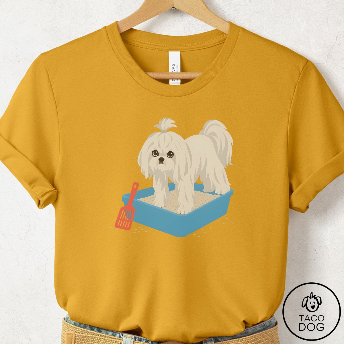Maltese Litter Box T-Shirt Mustard Taco-Dog