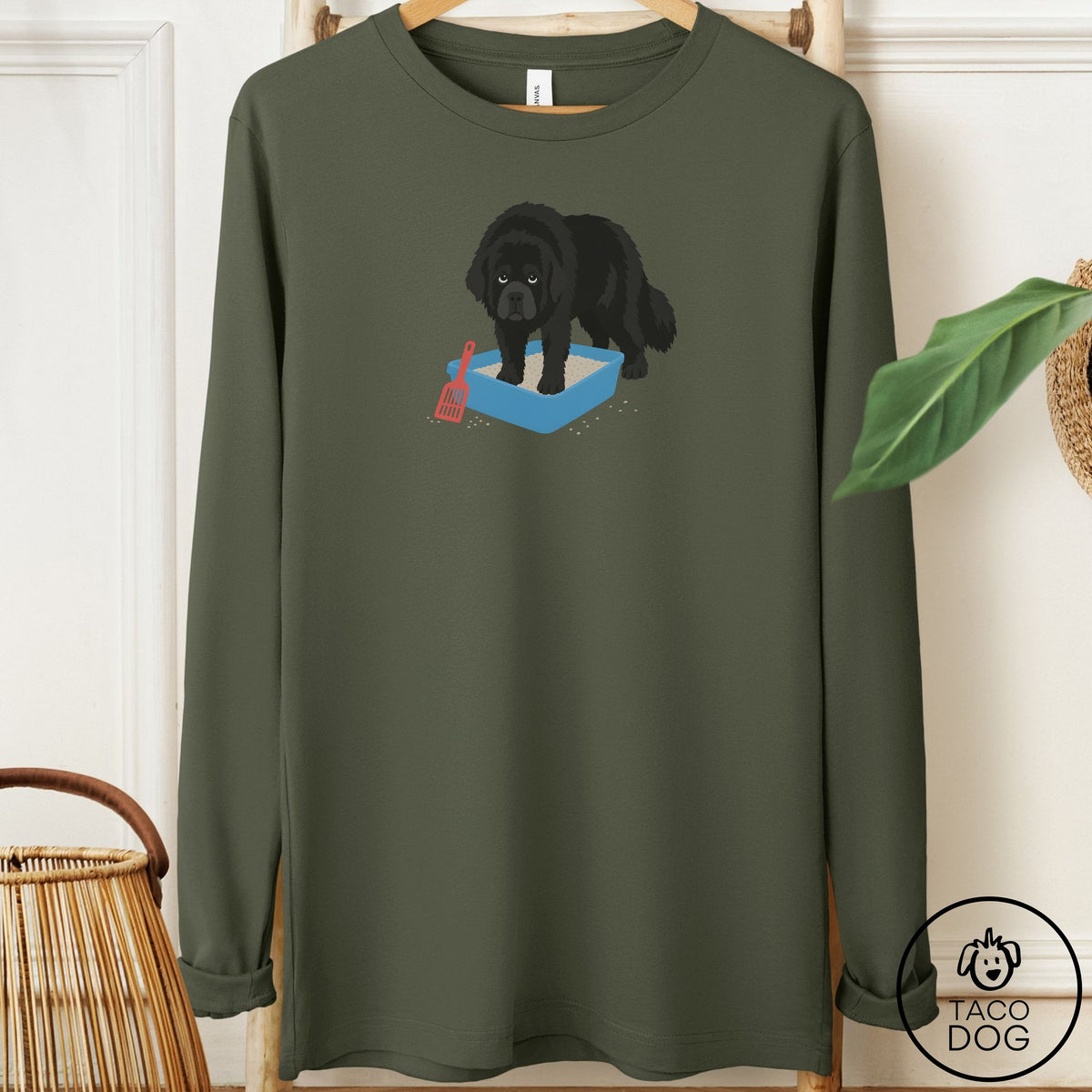 Newfoundland Litter Box Long Sleeve Tee Military Green Taco-Dog