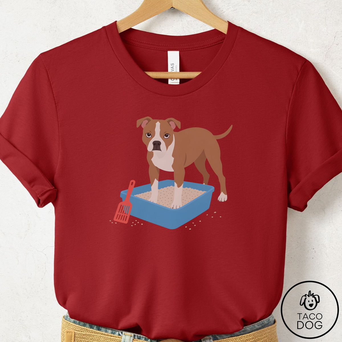 Pitbull Litter Box T-Shirt Canvas Red Taco-Dog