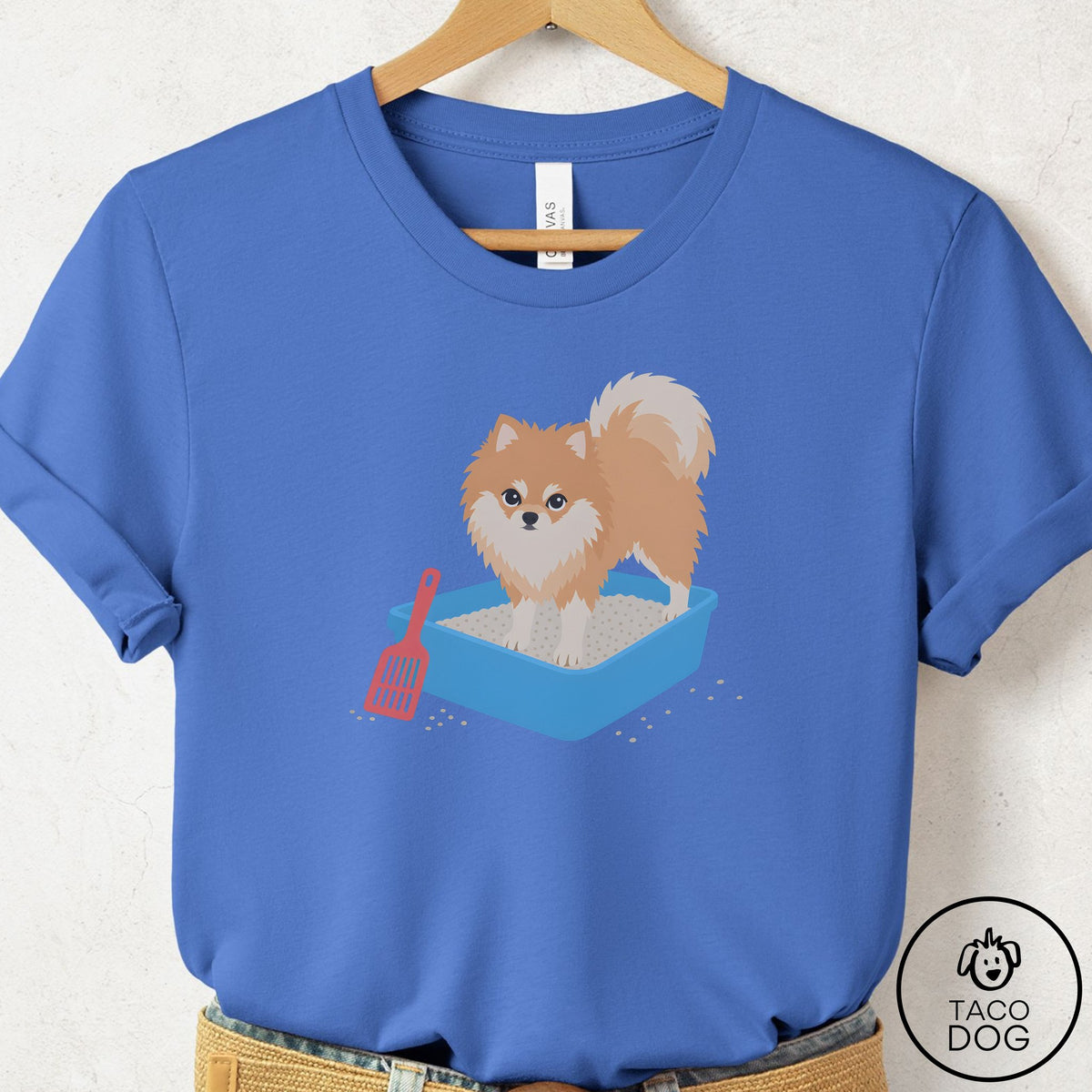 Pomeranian Litter Box T-Shirt Columbia Blue Taco-Dog
