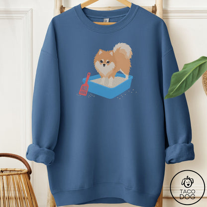 Pomeranian Litter Box Sweatshirt Indigo Blue Taco-Dog