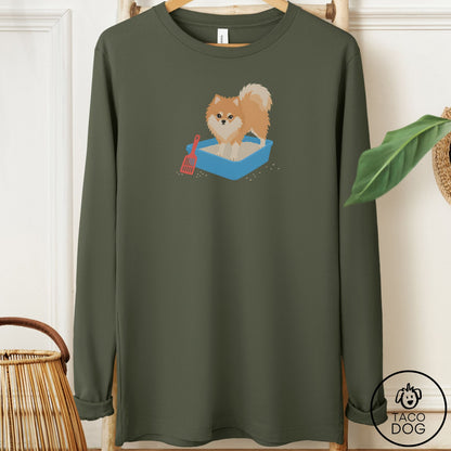 Pomeranian Litter Box Long Sleeve Tee Military Green Taco-Dog