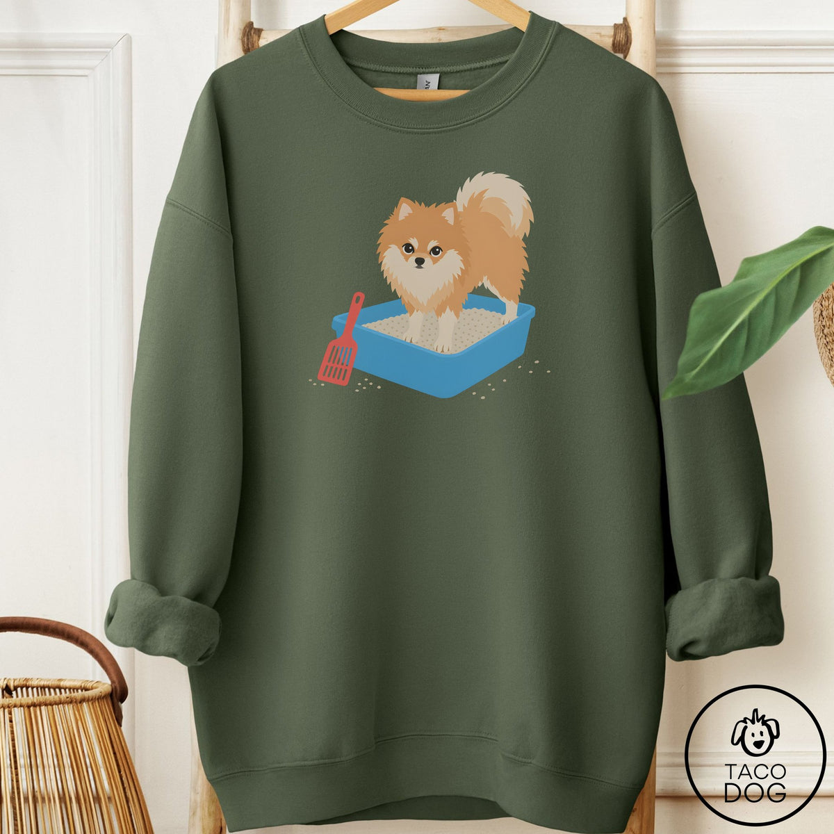 Pomeranian Litter Box Sweatshirt Military Green Taco-Dog