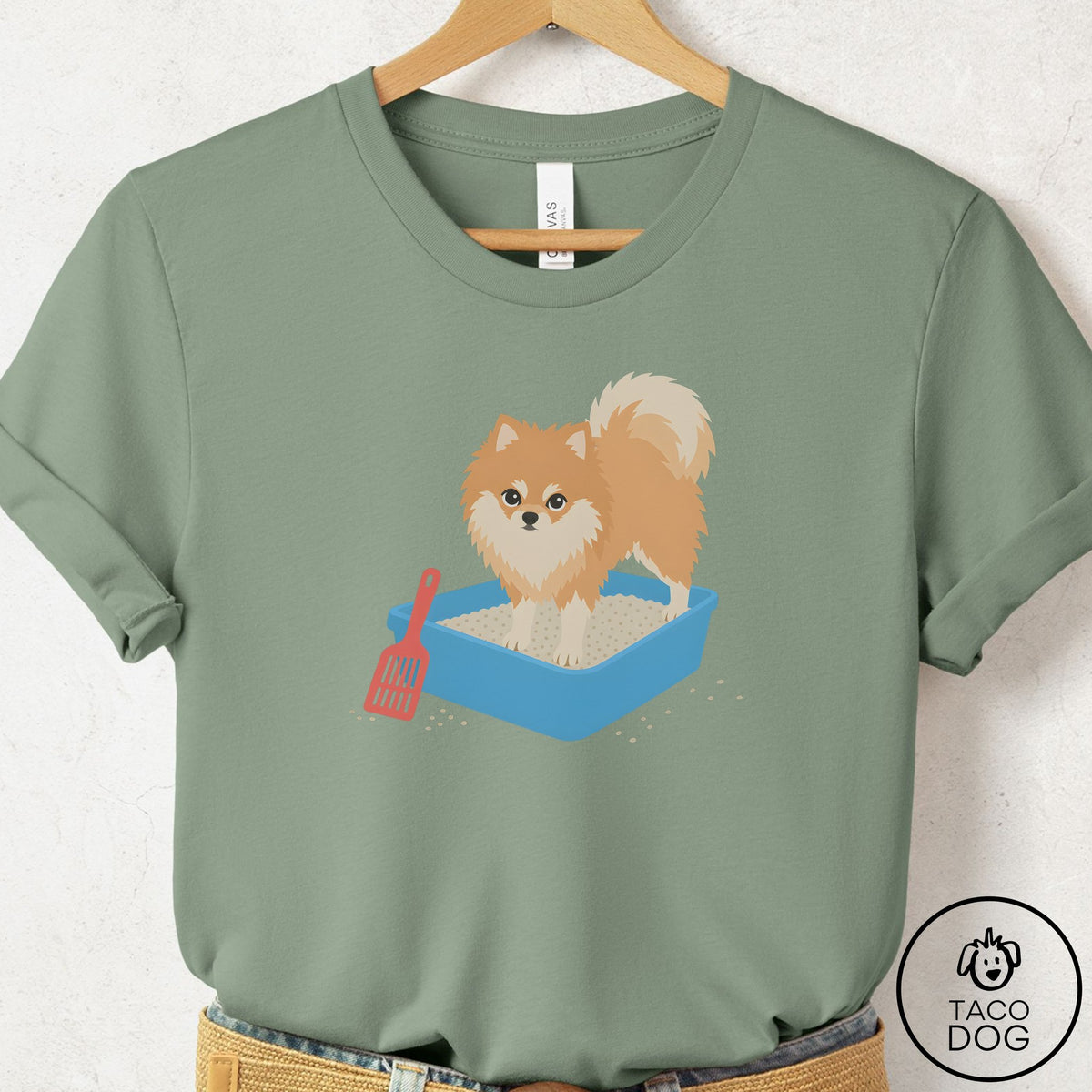 Pomeranian Litter Box T-Shirt Sage Taco-Dog