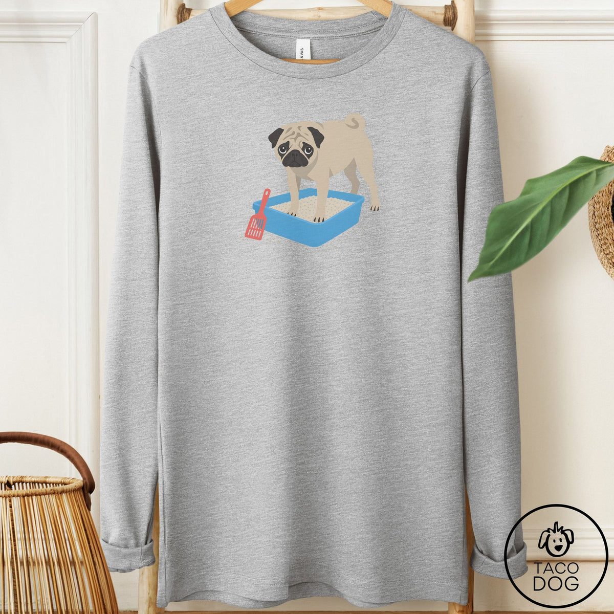 Pug Litter Box Long Sleeve Tee Athletic Heather Taco-Dog
