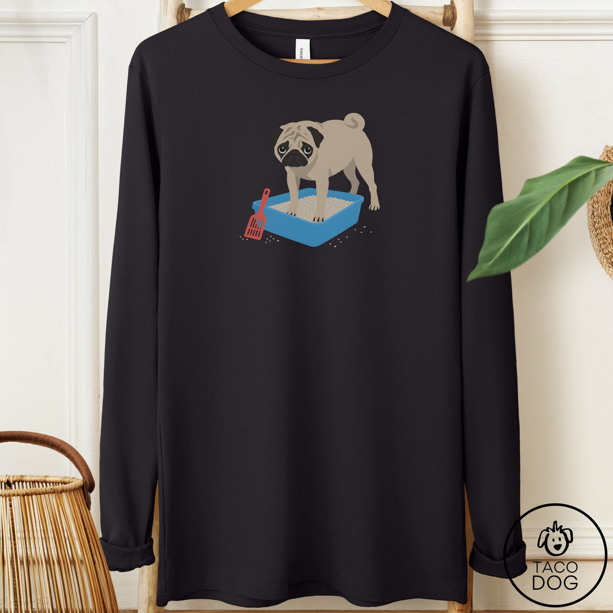Pug Litter Box Long Sleeve Tee Black Taco-Dog