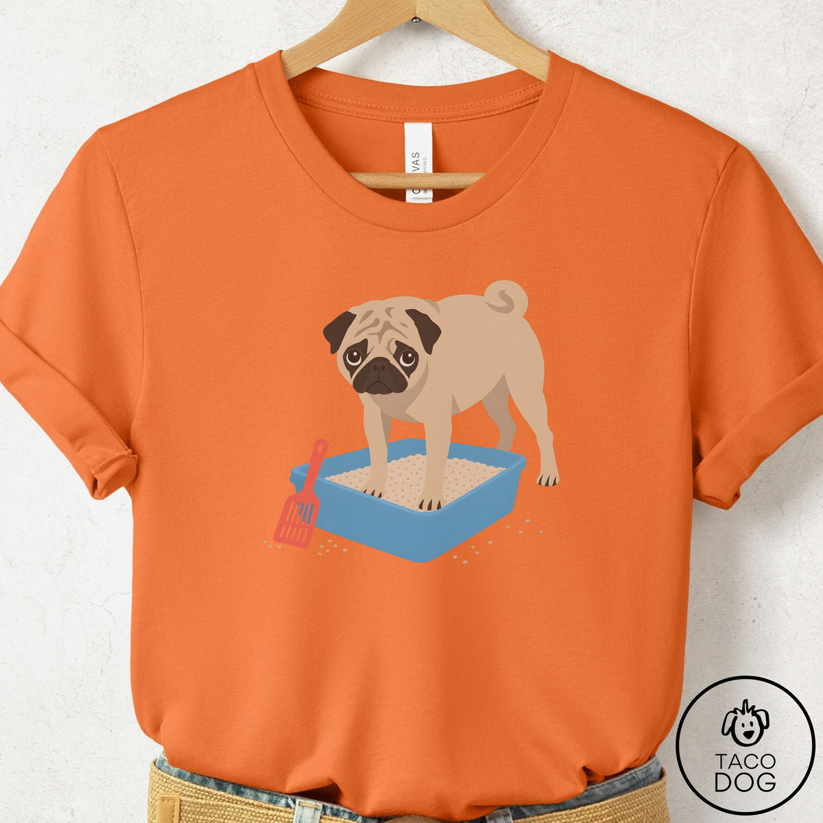 Pug Litter Box T-Shirt Burnt Orange Taco-Dog