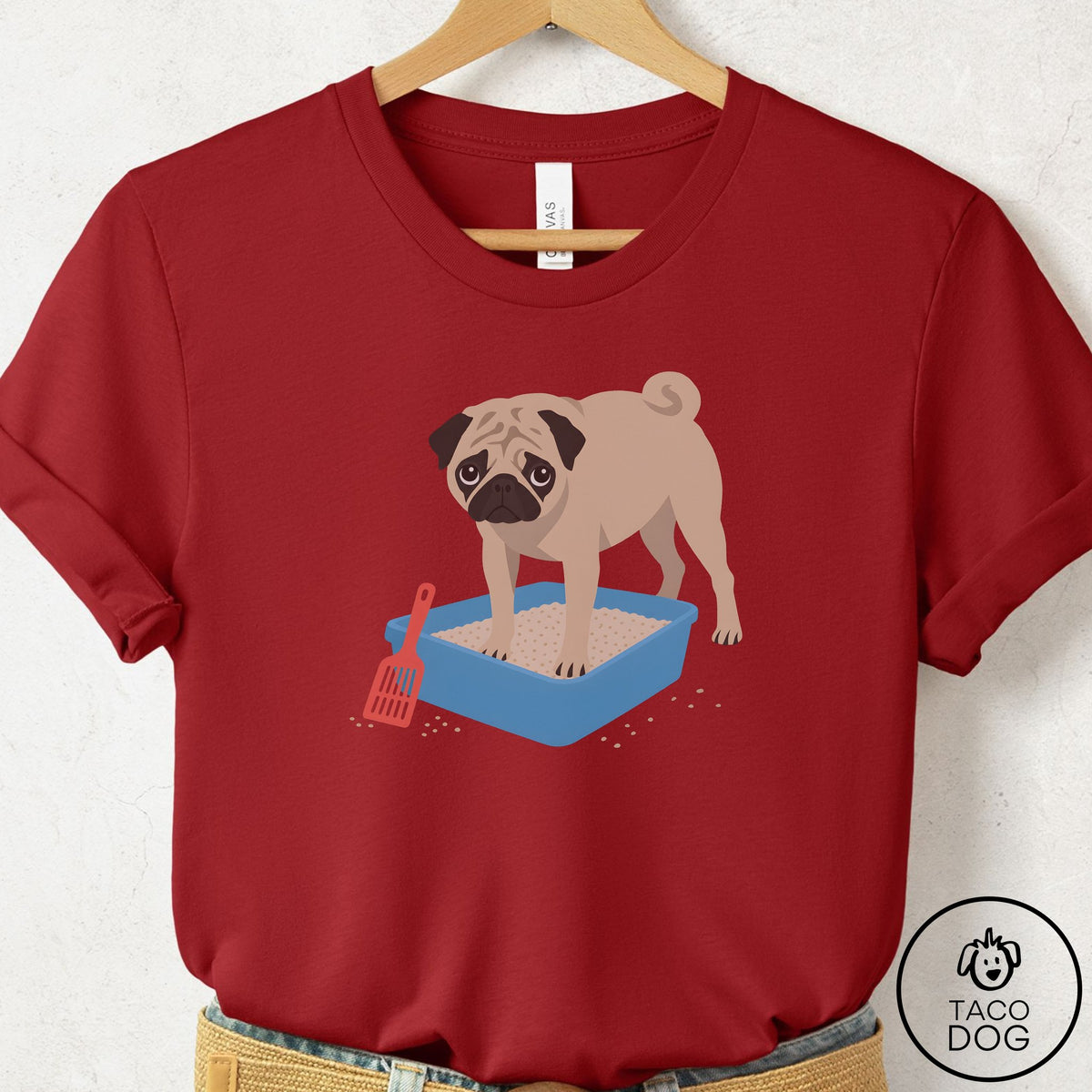 Pug Litter Box T-Shirt Canvas Red Taco-Dog
