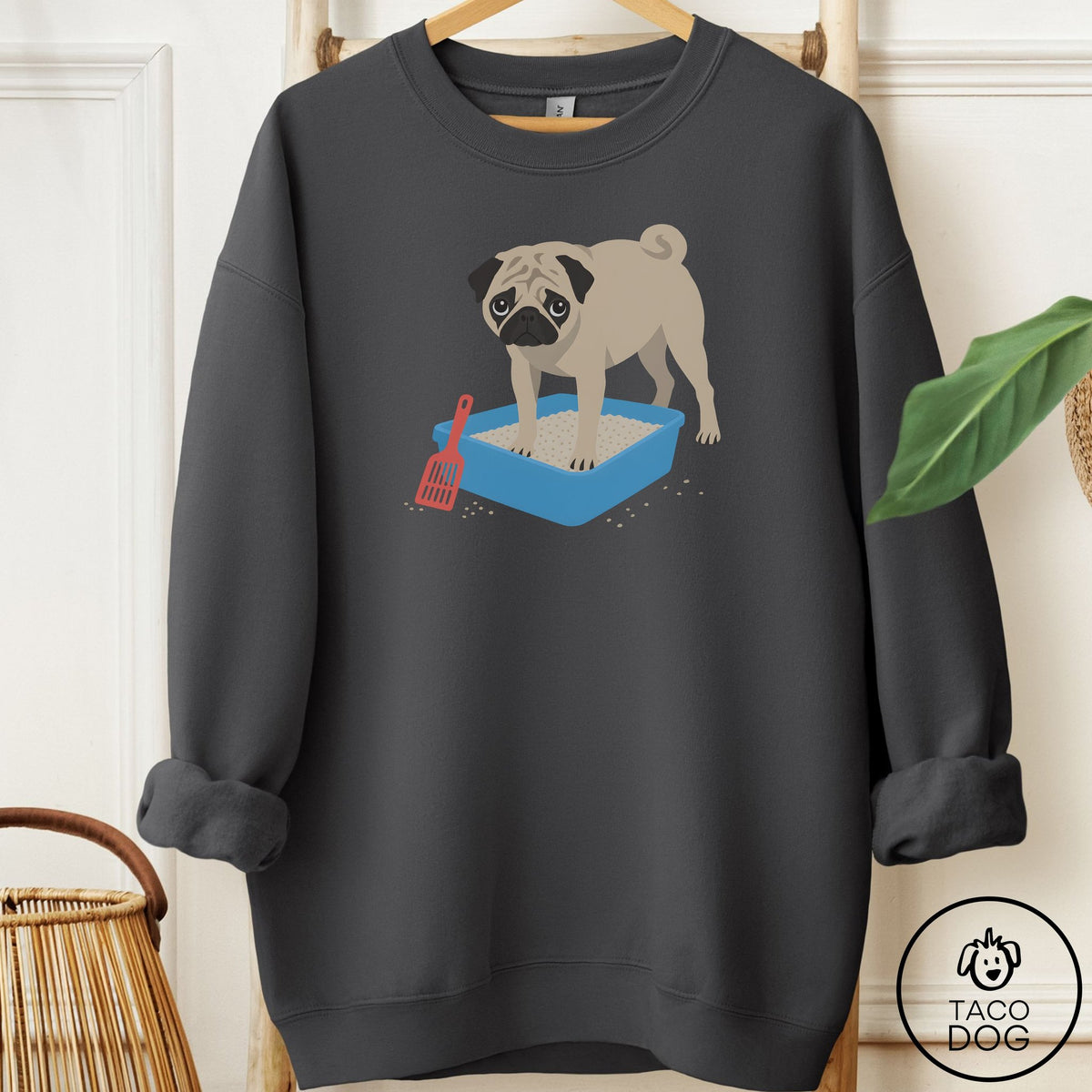 Pug Litter Box Sweatshirt Charcoal Taco-Dog