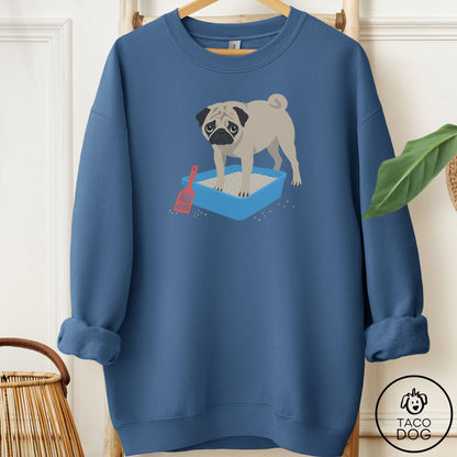 Pug Litter Box Sweatshirt Indigo Blue Taco-Dog