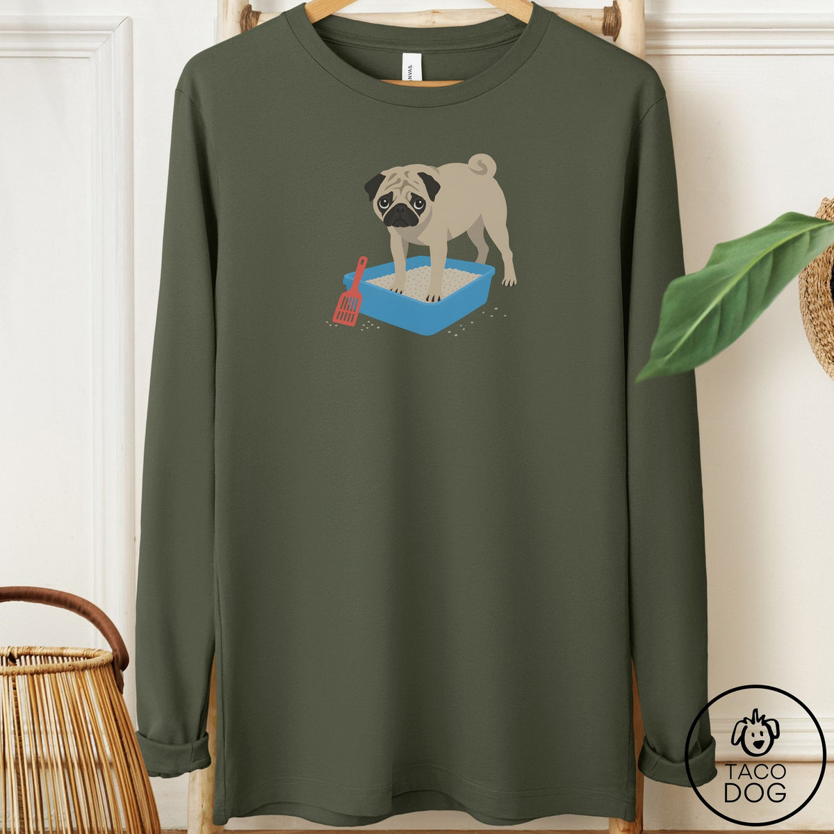 Pug Litter Box Long Sleeve Tee Military Green Taco-Dog