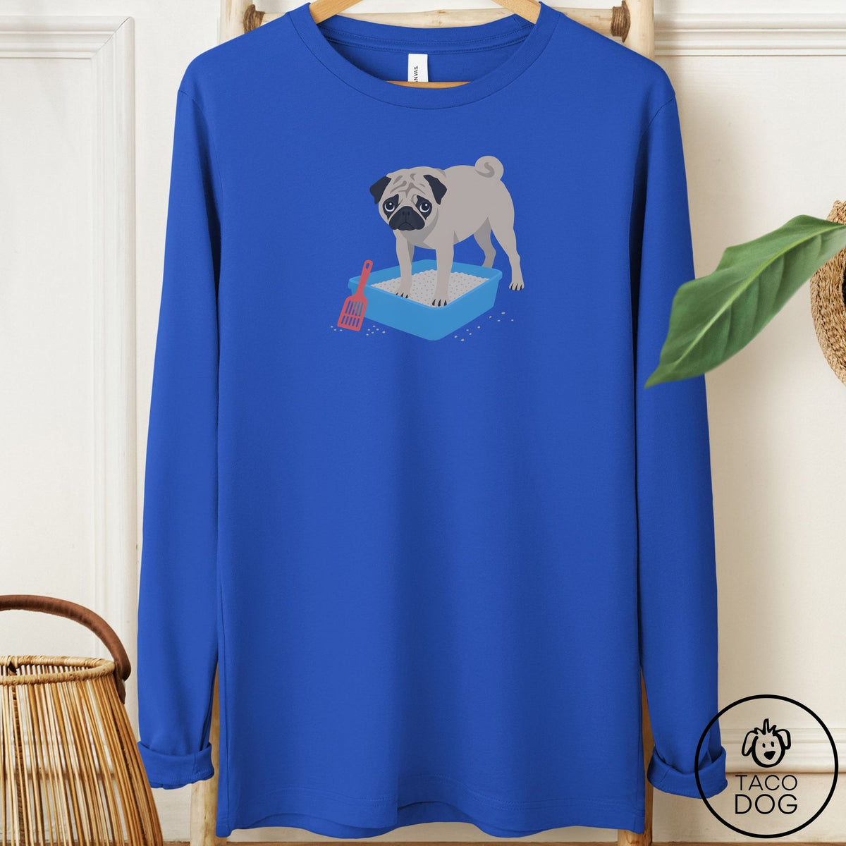 Pug Litter Box Long Sleeve Tee True Royal Taco-Dog