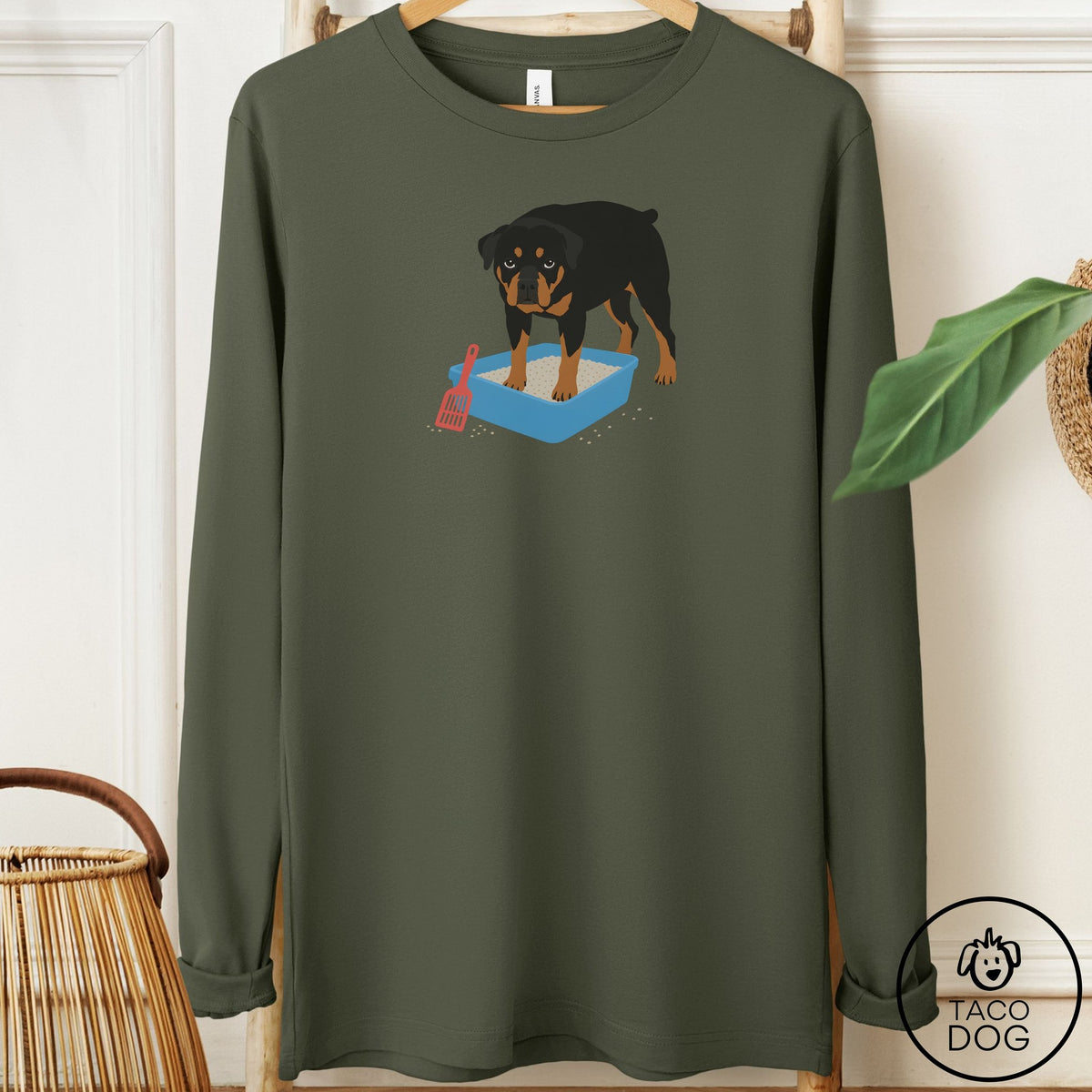 Rottweiler Litter Box Long Sleeve Tee Military Green Taco-Dog