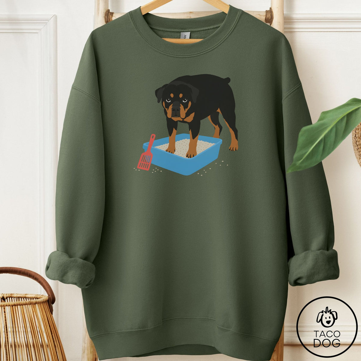 Rottweiler Litter Box Sweatshirt Military Green Taco-Dog