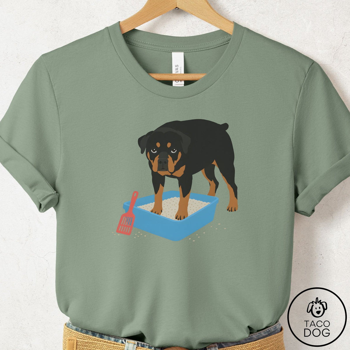 Rottweiler Litter Box T-Shirt Sage Taco-Dog