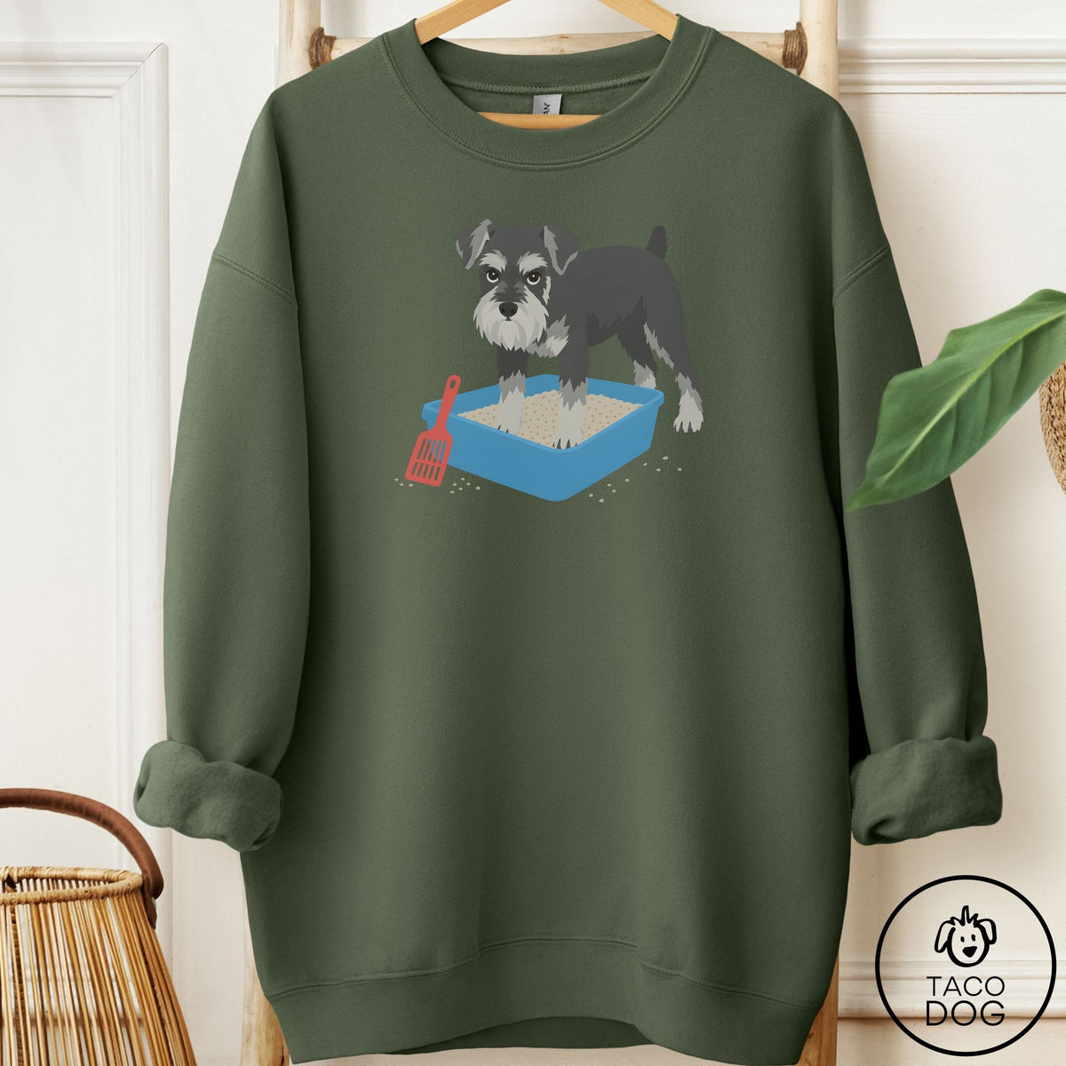 Schnauzer Litter Box Sweatshirt Military Green Taco-Dog