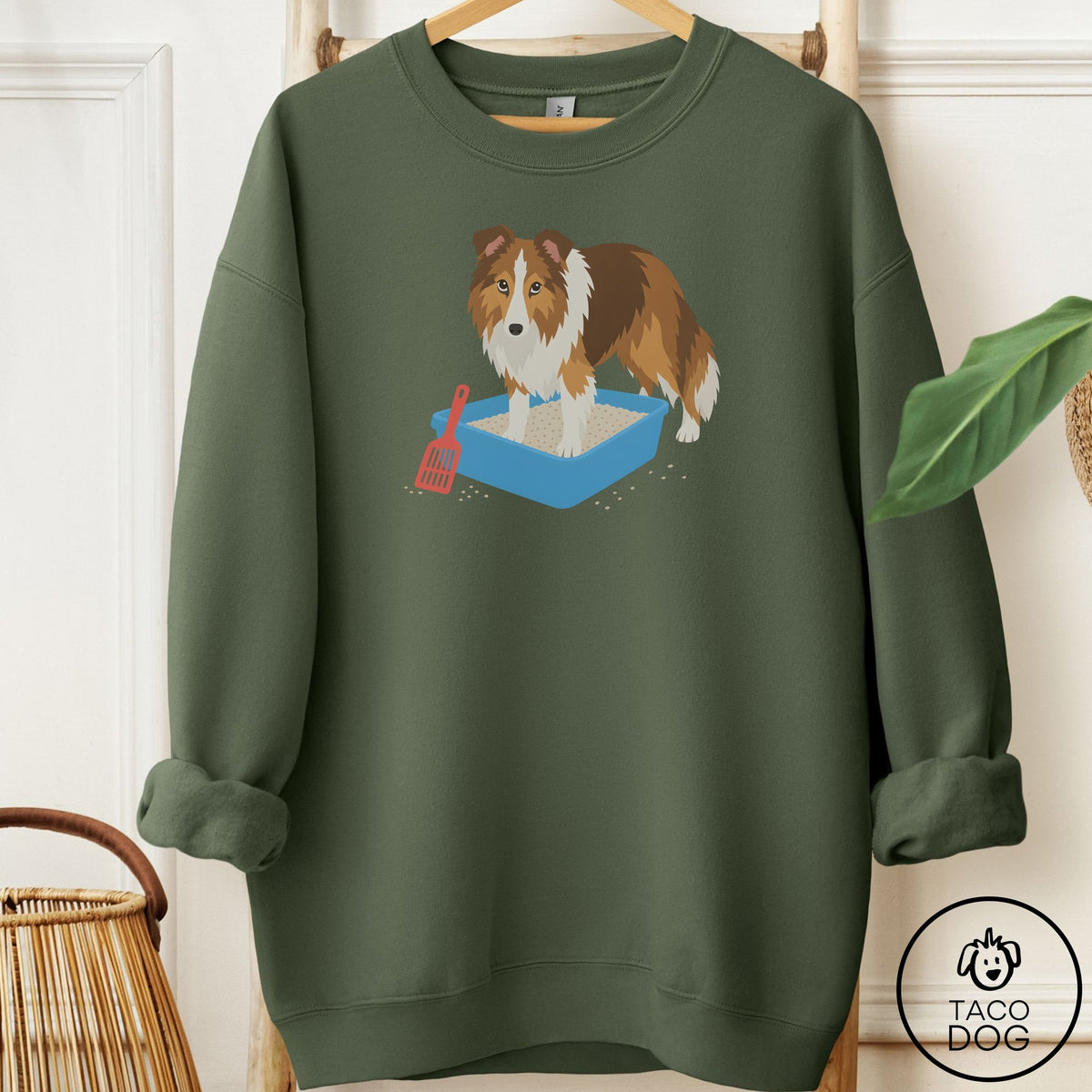 Shetland Sheepdog Litter Box Sweatshirt Military Green Taco-Dog