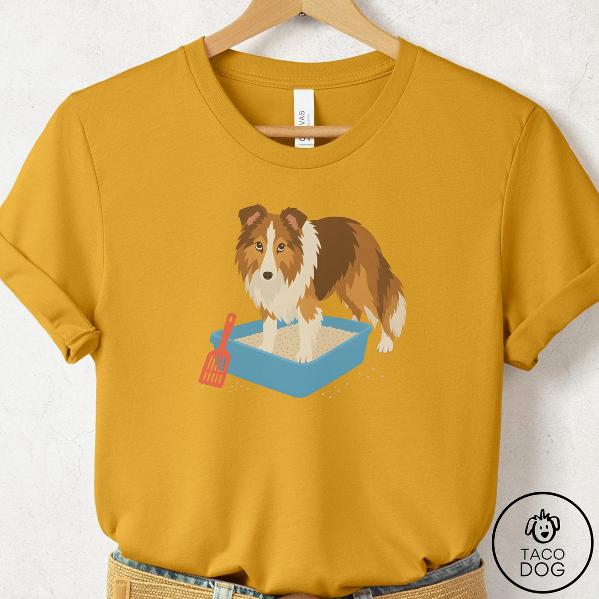Shetland Sheepdog Litter Box T-Shirt Mustard Taco-Dog