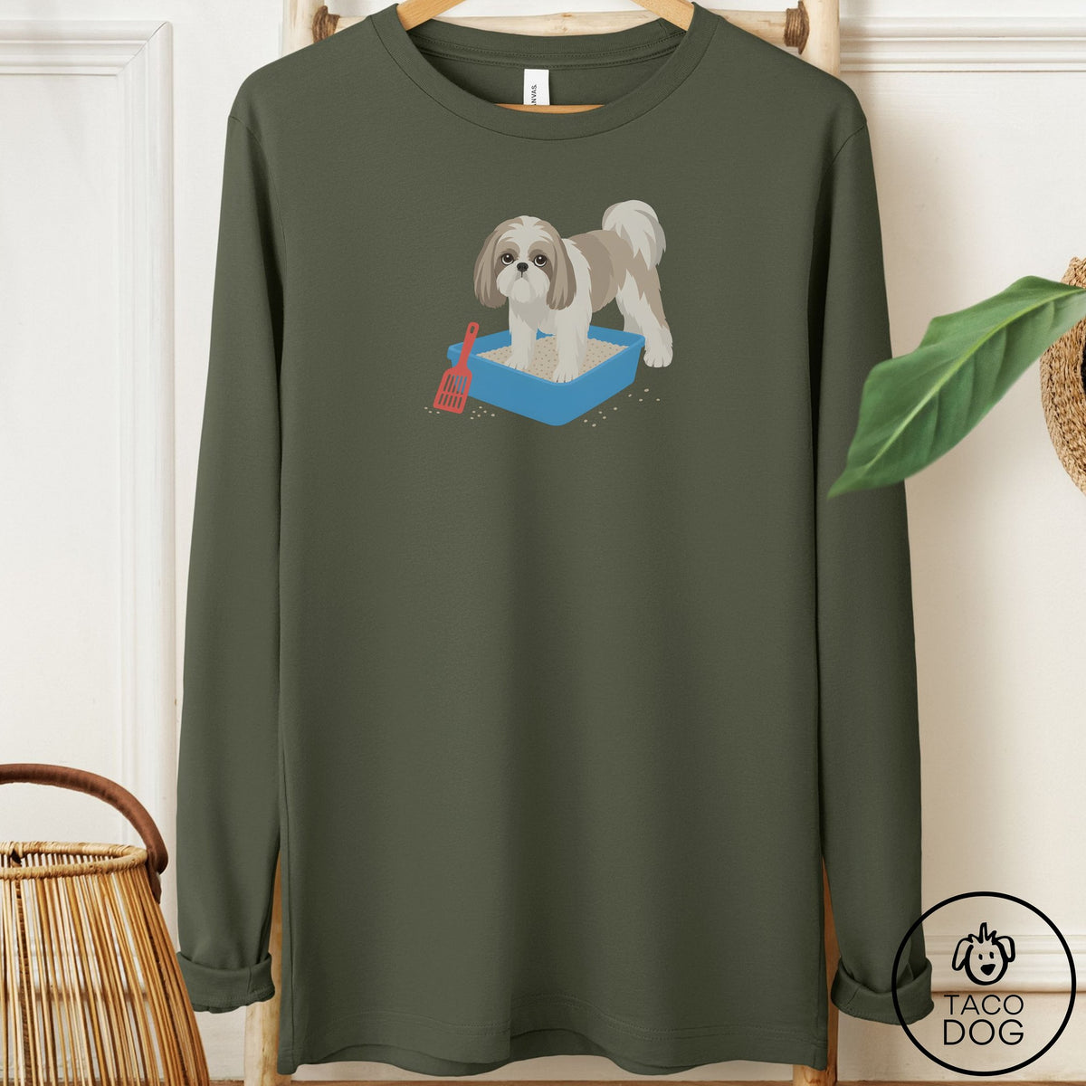 Shih Tzu Litter Box Long Sleeve Tee Military Green Taco-Dog