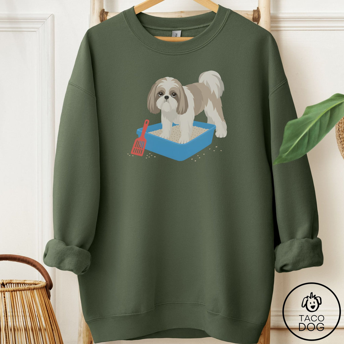 Shih Tzu Litter Box Sweatshirt Military Green Taco-Dog